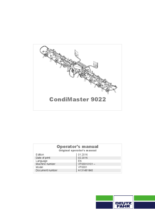 Deutz-Fahr CondiMaster 9022 Tedder 2016 Operation Maintenance Manual PDF download