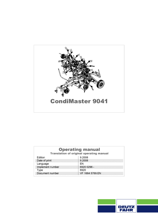 Deutz-Fahr CondiMaster 9041 Tedder 2008 Operation Maintenance Manual PDF download