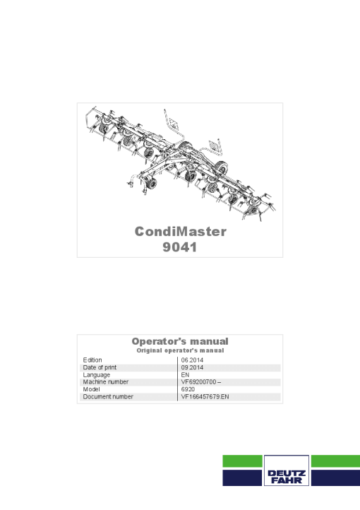 Deutz-Fahr CondiMaster 9041 Tedder 2014 Operation Maintenance Manual PDF download