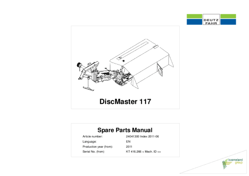 Deutz-Fahr DiscMaster 117 Mower 2011 SN 416266 Parts Manual Catalog Pdf Download