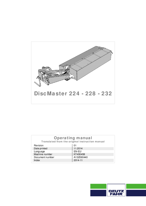 Deutz-Fahr DiscMaster 224 228 232 Mower 2014 Operation Maintenance Manual PDF download