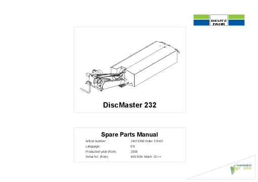 Deutz-Fahr DiscMaster 232 Mower 2009 SN 409509 Parts Manual Catalog Pdf Download