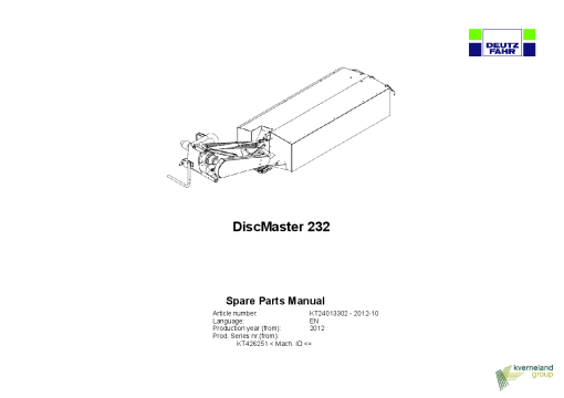 Deutz-Fahr DiscMaster 232 Mower 2012 SN 426251 Parts Manual Catalog Pdf Download