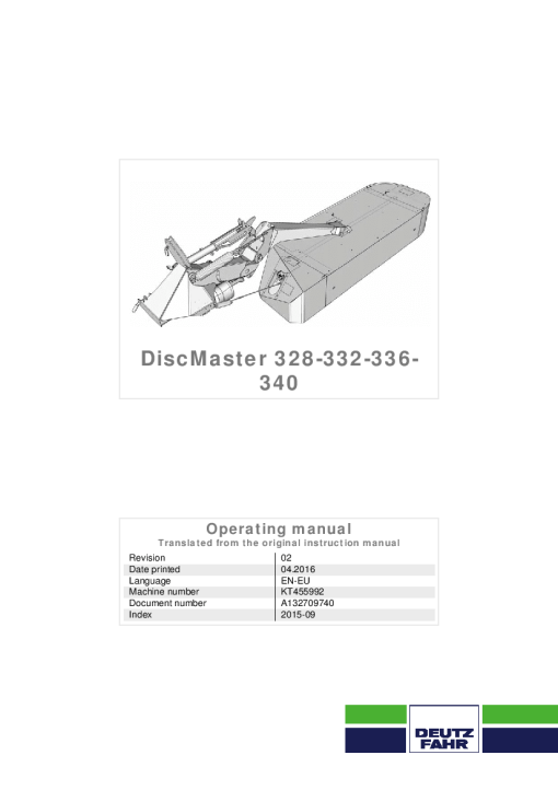 Deutz-Fahr DiscMaster 328 Mower 2015 Operation Maintenance Manual PDF download