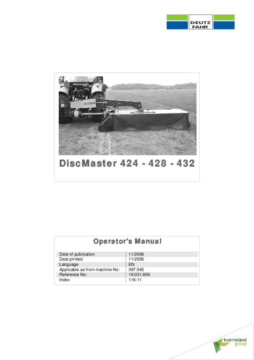 Deutz-Fahr DiscMaster 424 428 432 Mower 2006 SN 397545 Operation Maintenance Manual PDF download