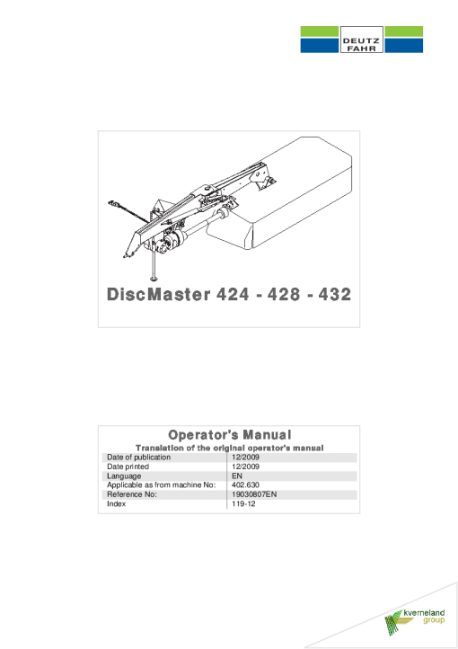 Deutz-Fahr DiscMaster 424 428 432 Mower 2009 SN 3402630 Operation Maintenance Manual PDF download