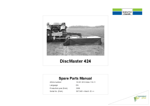 Deutz-Fahr DiscMaster 424 Mower 2008 SN 397545 Parts Manual Catalog Pdf Download