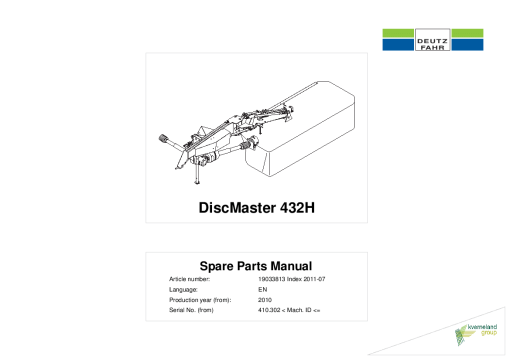 Deutz-Fahr DiscMaster 432 H Mower 2010 SN 410.302 Parts Manual Catalog Pdf Download