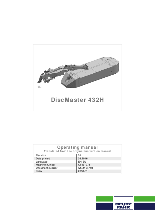 Deutz-Fahr DiscMaster 432 H Mower 2016 Operation Maintenance Manual PDF download