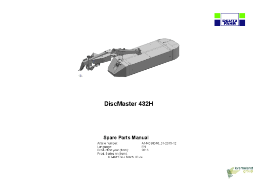 Deutz-Fahr DiscMaster 432 H Mower 2016 SN KT 461.274 Parts Manual Catalog Pdf Download