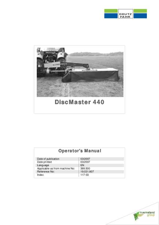 Deutz-Fahr DiscMaster 440 Mower 2007 SN 399500 Operation Maintenance Manual PDF download