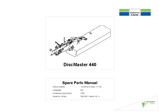 Deutz-Fahr DiscMaster 440 Mower 2007 SN 399500 Parts Manual Catalog Pdf Download