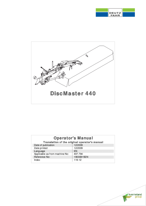 Deutz-Fahr DiscMaster 440 Mower 2009 SN 407794 Operation Maintenance Manual PDF download