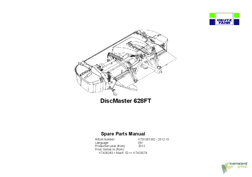 Deutz-Fahr DiscMaster 628FT Mower 2012_KT91001302 Parts Manual Catalog Pdf Download