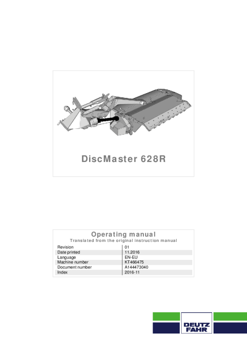 Deutz-Fahr DiscMaster 628R Mower 2016 Operation Maintenance Manual PDF download