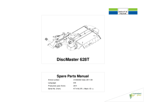 Deutz-Fahr DiscMaster 628T FARMER Mower 2011 Parts Manual Catalog Pdf Download