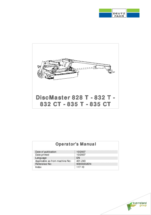 Deutz-Fahr DiscMaster 828 832 835 T 832 835 CT Mower 2007 Operation Maintenance Manual PDF download
