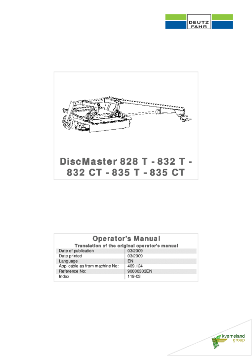Deutz-Fahr DiscMaster 828 832 835 T 832 835 CT Mower 2009 Operation Maintenance Manual PDF download
