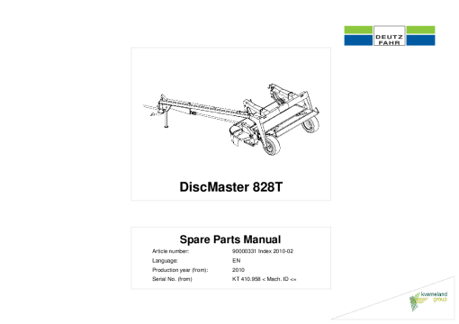 Deutz-Fahr DiscMaster 828 T Mower 2010 KT 410.958 Parts Manual Catalog Pdf Download
