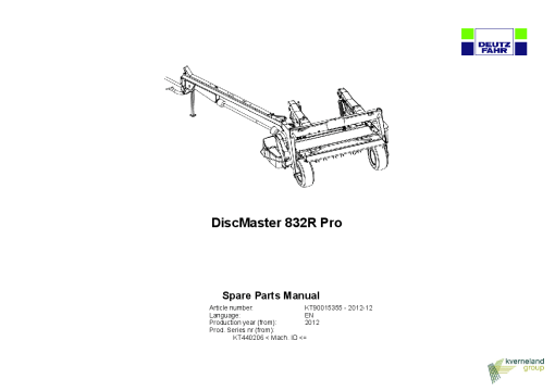 Deutz-Fahr DiscMaster 832 R Pro Mower 2012 KT 440206 Parts Manual Catalog Pdf Download