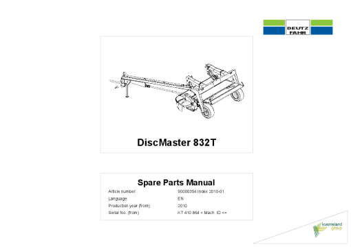 Deutz-Fahr DiscMaster 832 T Mower 2009 SN 410.864 Parts Manual Catalog Pdf Download