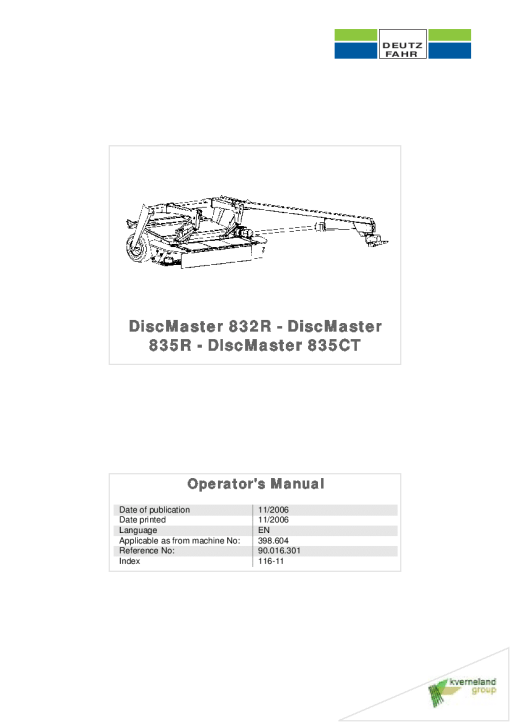 Deutz-Fahr DiscMaster 832R 835R 835 CT Mower 2006 398.604 Operation Maintenance Manual PDF download