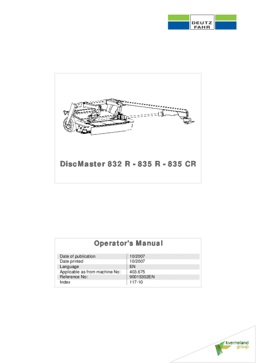 Deutz-Fahr DiscMaster 832R 835R 835 CT Mower 2006 403.675 Operation Maintenance Manual PDF download