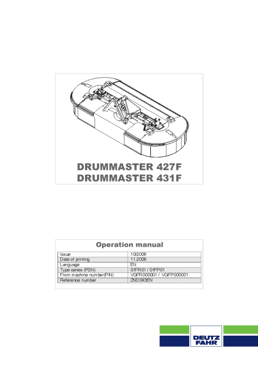 Deutz-Fahr DrumMaster 427F 431F Mower 2010_01FR01 01FP01 Operation Maintenance Manual PDF download
