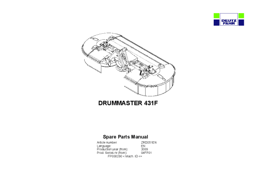 Deutz-Fahr DrumMaster 431F Mower 2009_04FP01 Parts Manual Catalog Pdf Download