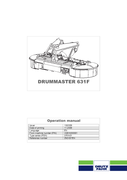 Deutz-Fahr DrumMaster 631F Mower 2009 Operation Maintenance Manual PDF download