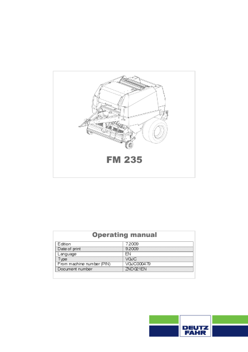 Deutz-Fahr FM 235 Balers Round Fixed chamber 2009 Operation Maintenance Manual PDF download