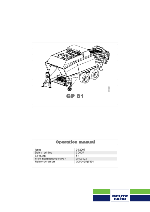 Deutz-Fahr GP 81 Balers Square Big 2004-2005 EN Operation Maintenance Manual PDF download