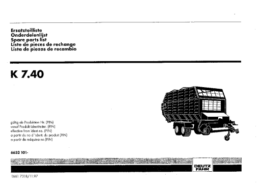 Deutz-Fahr K 7.40 Loader wagon Feeder Combs 1997 Parts Manual Catalog Pdf Download