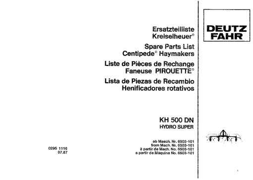Deutz-Fahr KH 500 DN Hydro super Tedders 1987 Parts Manual Catalog Pdf Download