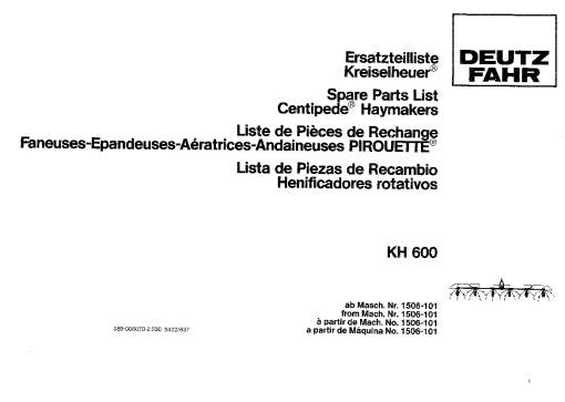 Deutz-Fahr KH 600 Tedders Parts Manual Catalog Pdf Download