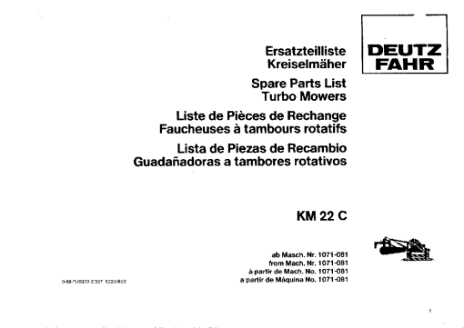 Deutz-Fahr KM 22 CR Mower Parts Manual Catalog Pdf Download