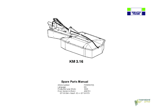 Deutz-Fahr KM 3.16 Mower 2005_43GT01 Parts Manual Catalog Pdf Download