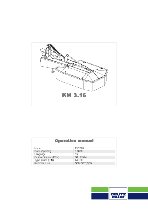 Deutz-Fahr KM 3.16 Mower 2006_44GT01 Operation Maintenance Manual PDF download