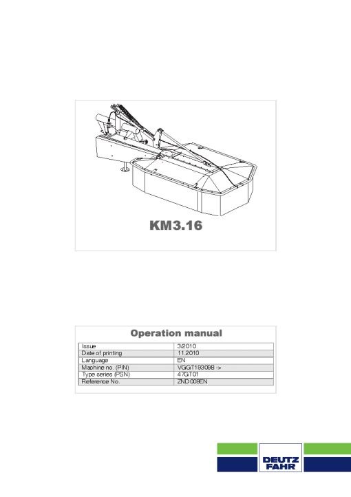 Deutz-Fahr KM 3.16 Mower 2010 Operation Maintenance Manual PDF download
