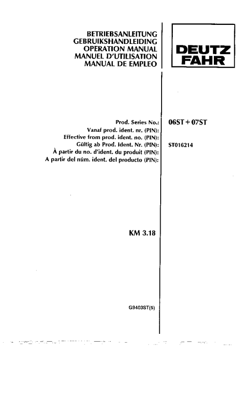 Deutz-Fahr KM 3.18 Mower 1994-G9403ST(5) Operation Maintenance Manual PDF download