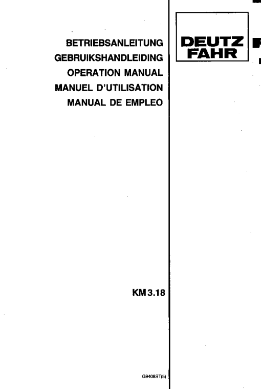 Deutz-Fahr KM 3.18 Mower 1994 Operation Maintenance Manual PDF download