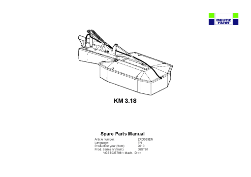 Deutz-Fahr KM 3.18 Mower 2010-ZRD069EN Parts Manual Catalog Pdf Download