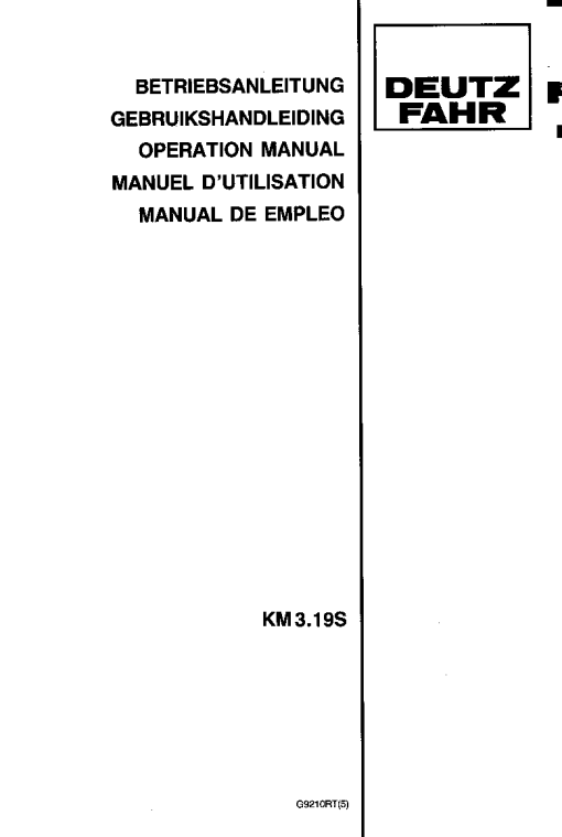 Deutz-Fahr KM 3.19S Mower 1992 Operation Maintenance Manual PDF download