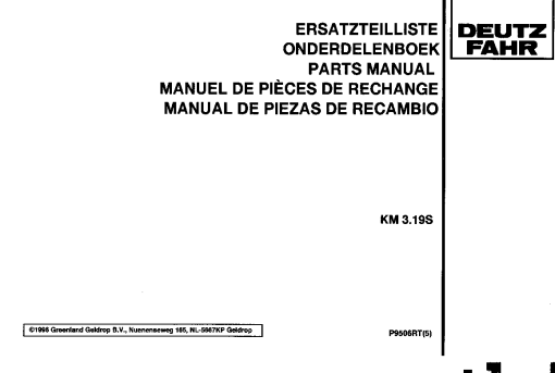 Deutz-Fahr KM 3.19S Mower 1996-1997 Parts Manual Catalog Pdf Download