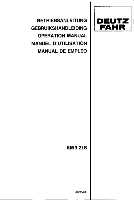 Deutz-Fahr KM 3.21S Mower 1992 Operation Maintenance Manual PDF download