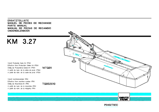 Deutz-Fahr KM 3.27 Mower 2004_14TG01 Parts Manual Catalog Pdf Download