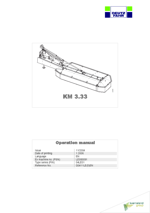 Deutz-Fahr KM 3.33 Mower 2004_04LE01 Operation Maintenance Manual PDF download