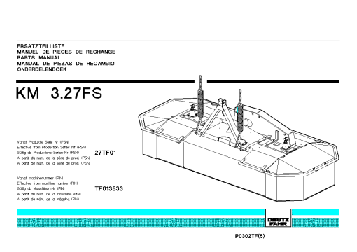 Deutz-Fahr KM 3.37FS Mower 2003-27TF01 Parts Manual Catalog Pdf Download