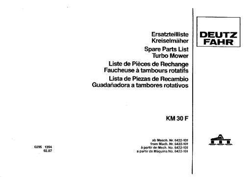 Deutz-Fahr KM 30 F -1987 Parts Manual Catalog Pdf Download
