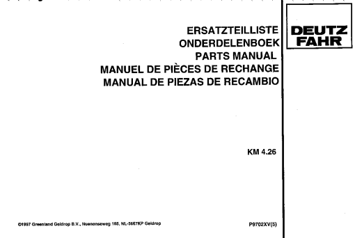 Deutz-Fahr KM 4.26 Mower 1997 Parts Manual Catalog Pdf Download